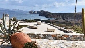A patio with a stone wall, a cactus, and a potted plant. - Villa with Amazing Sea View (Naxos)