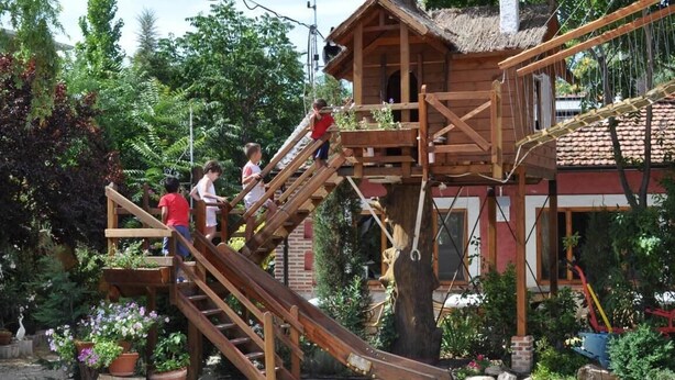 A wooden structure with a staircase and a slide leading to a building with a thatched roof. - Rural Guest House in Olmedo (Spain) (Olmedo)