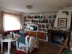 Televisie, een open haard en boeken
