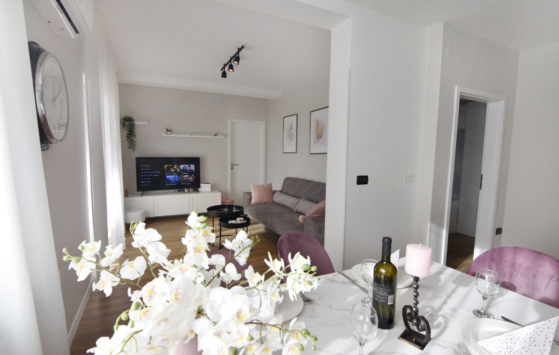 A dining area with a table set for two, a television in the background, and a living room with a sofa and a plant.