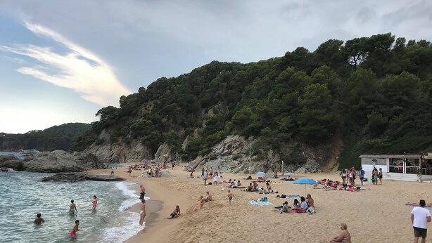 A beach with people swimming and relaxing on the sand, a rocky cliff in the background, and a building with a flag on it. - Boadella Apartment (Lloret de Mar)