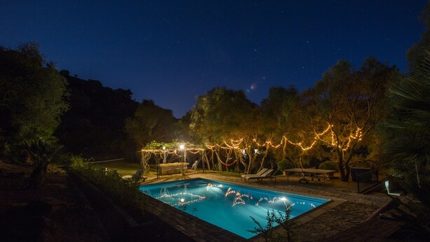 Una piscina con pérgola y luces colgantes, rodeada de árboles y un cielo nocturno despejado.
