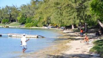 Wade into tranquility at the lake's edge, where trees and sandy shores meet the water's edge.