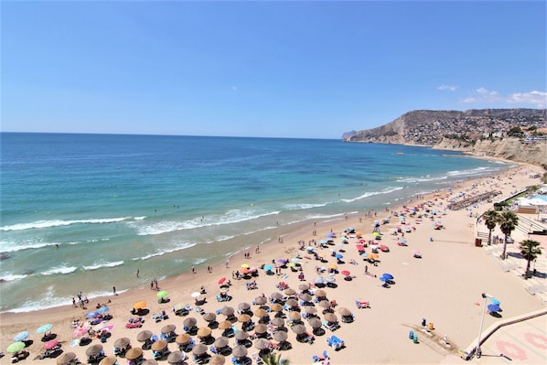 A beach with numerous umbrellas and sun loungers, a clear sky, and a coastline with buildings.