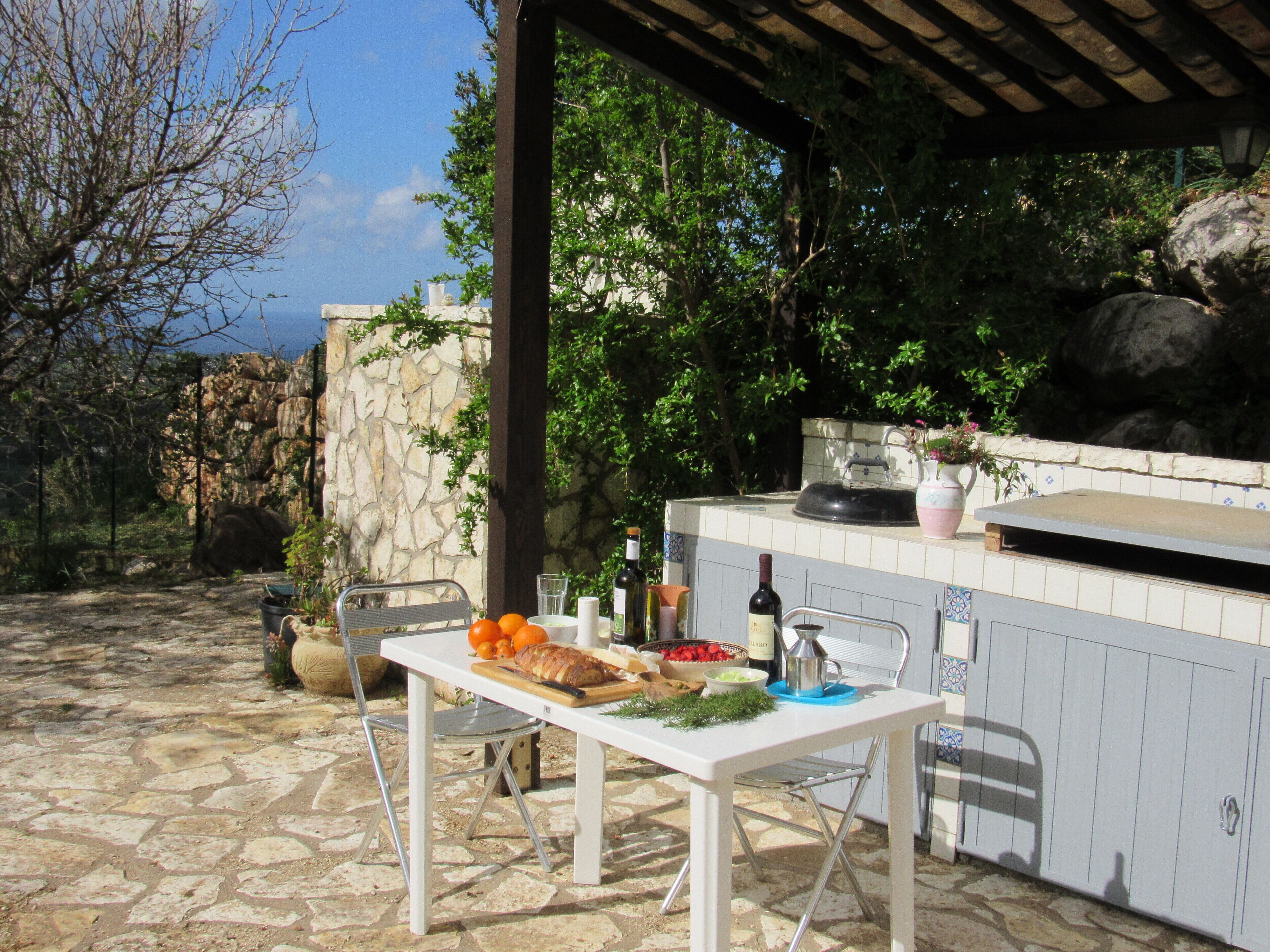 Barbeque area with sea in background