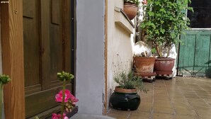 Une cour avec des plantes en pot et une porte en bois.
