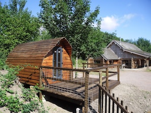 Terrace/patio - Hand Crafted large Log Cabin . Rural Location , lovely views and walks , quiet . (Chard)