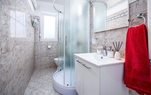 Shower, hair dryer, towels