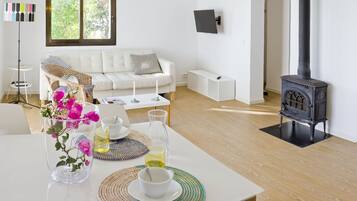 Een televisie en een open haard