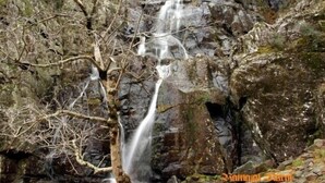 A waterfall cascading over rocky terrain with bare trees.