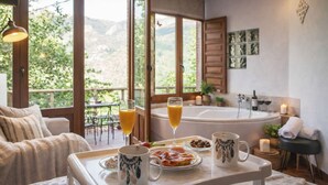 Una habitación acogedora con una mesa de comedor dispuesta con comida y bebidas, una bañera y vistas a zonas verdes.