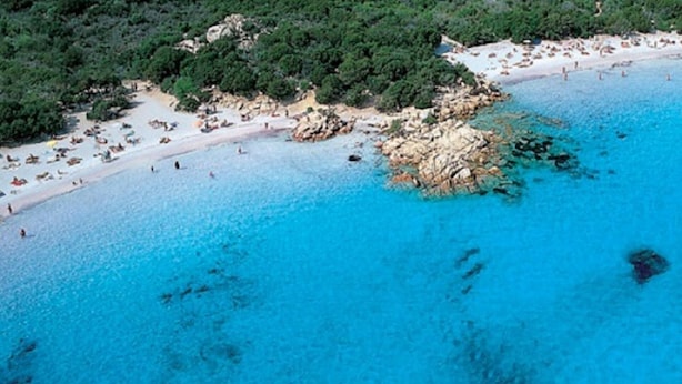 Vue aérienne d’une zone côtière avec une plage, des affleurements rocheux et une végétation luxuriante.