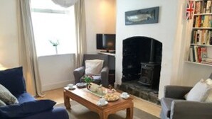 A cozy living room with a fireplace, a television, and a bookshelf. - TRINITY COTTAGE. Charming historic cottage just off the Quay in Appledore. (Appledore)