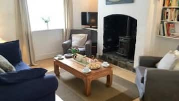 Smart TV, fireplace, books, stereo