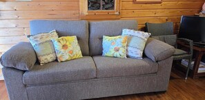 A grey sofa with floral-patterned cushions, a wicker chair, and a television on a wooden floor. - Los Palmeros cabin, ocean and mountain view (Vallehermoso)