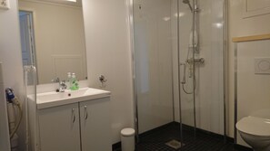 Een badkamer met een douche met glazen wand, een witte wastafel met toiletartikelen en een toilet.
