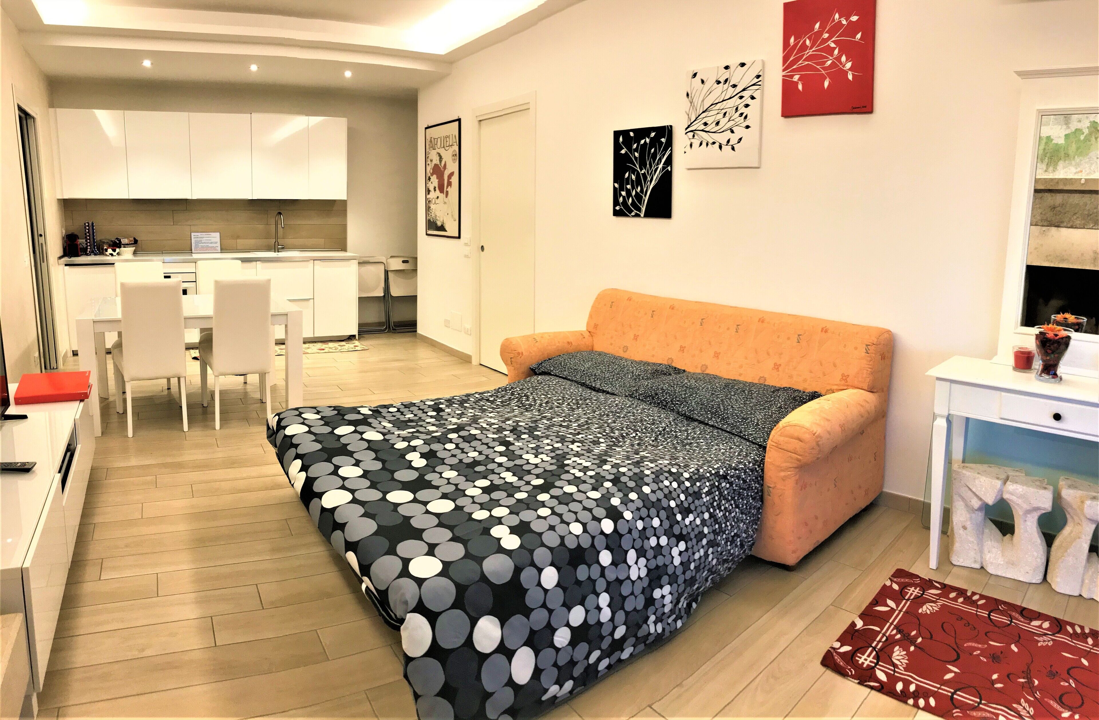 A compact living space with a kitchenette, a sofa bed, a dining area, and artwork on the walls.