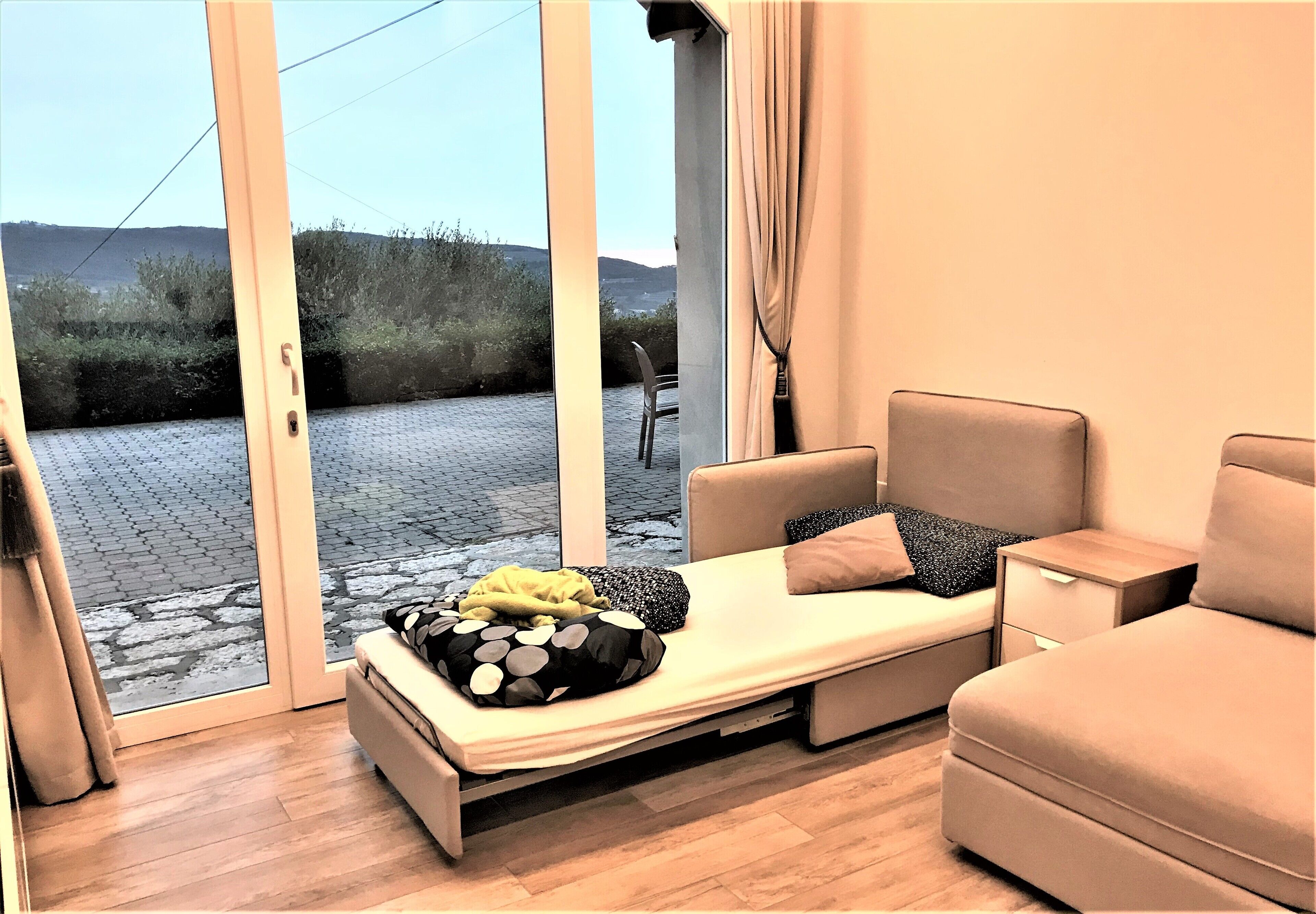 A modern room with a sofa, a bed with a mattress and pillows, a nightstand, and a sliding glass door leading to an outdoor area with a paved path and greenery.