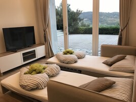 Apartamento familiar, 1 habitación, vistas a la colina (Relax) | Zona de estar | Una televisión de pantalla plana, un reproductor de DVD