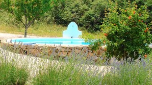 A swimming pool with a stone wall and lavender plants. - Country House with Swimming Pool Large Terrace and an amazing panoramic view (Marvão)
