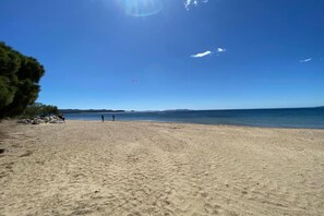 A beach with a clear sky, a few people, and a distant shoreline.