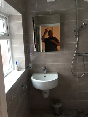 Shower, hair dryer, bidet, towels