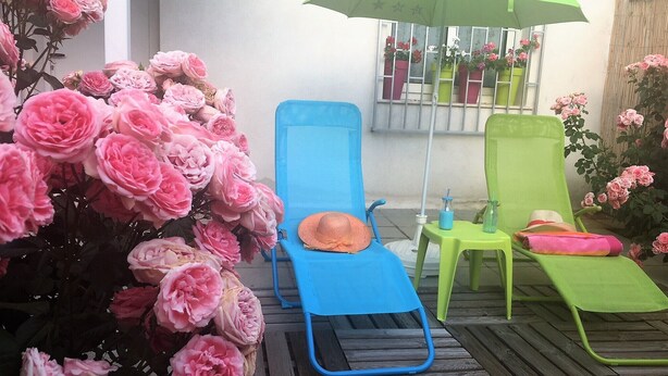Un patio con due poltrone, una blu e una verde, e un ombrellone verde.