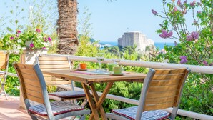 A wooden table with two chairs, a view of the sea, and a palm tree.