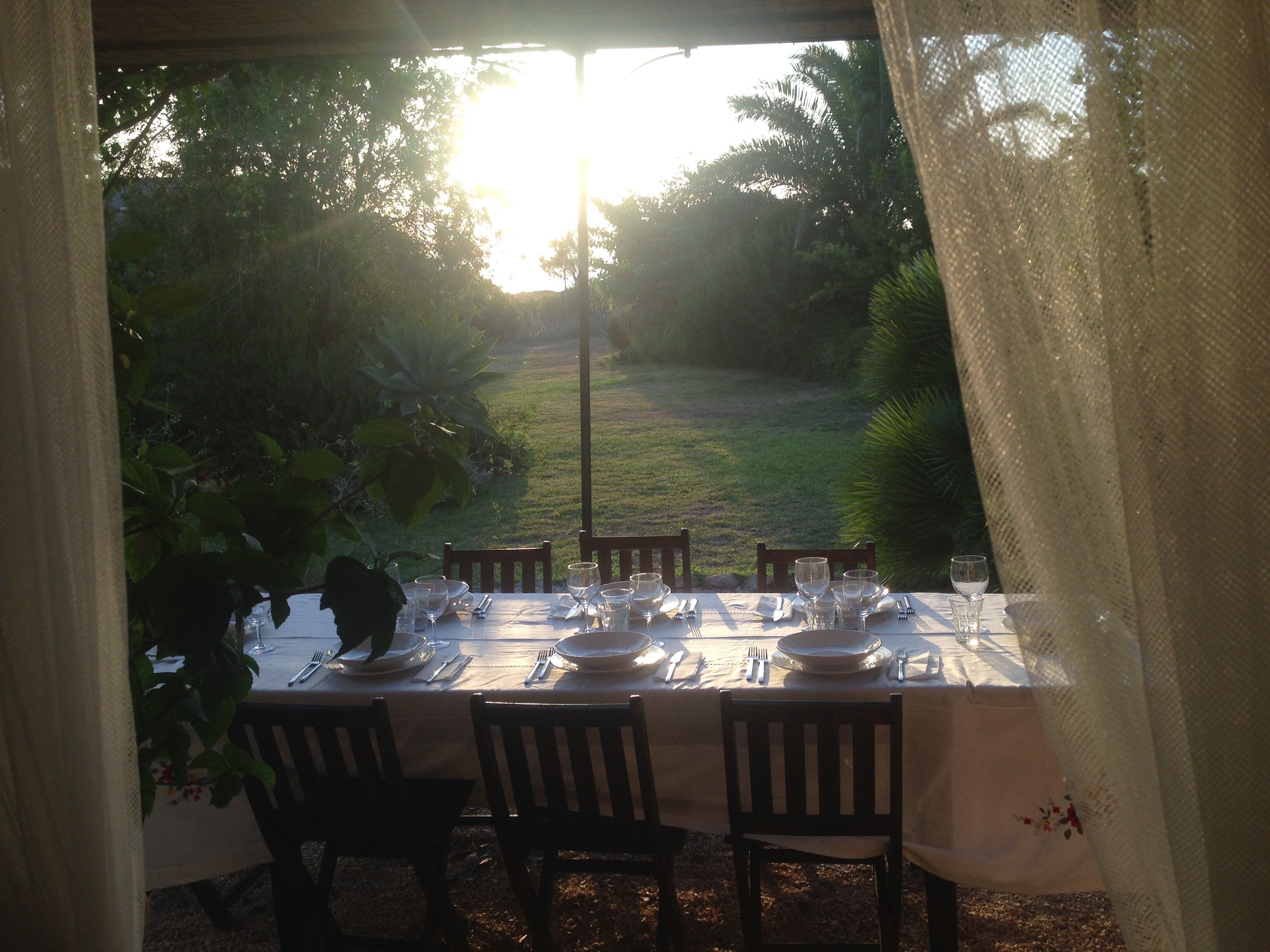 An outdoor dining area with a table set for four, surrounded by chairs, and a view of a grassy garden.
