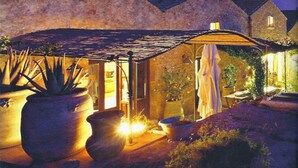 A courtyard with a covered patio, large potted plants, and a building with a sloped roof.