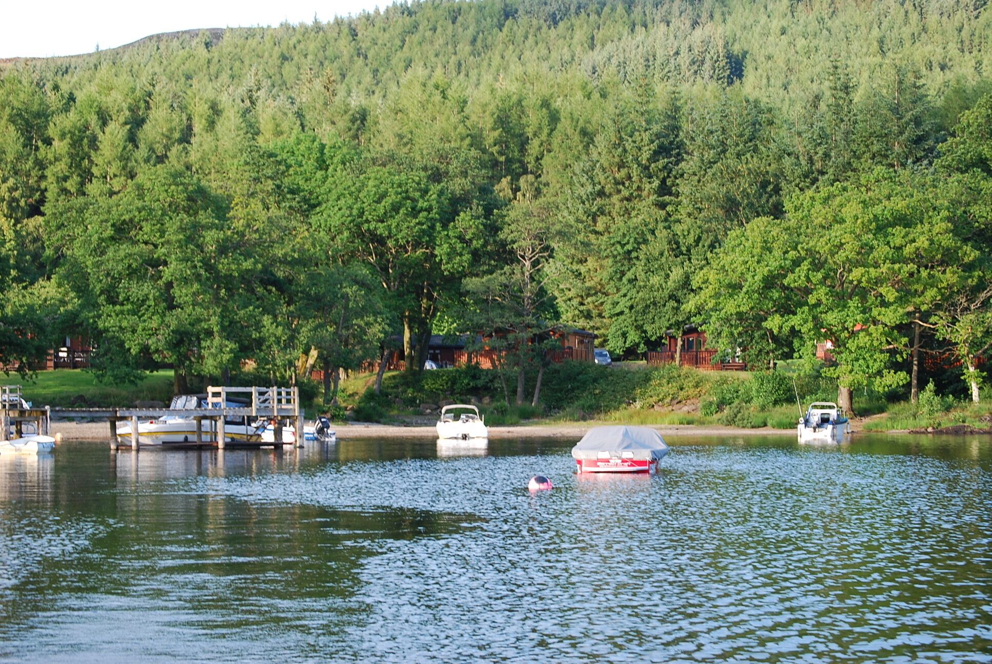 Ein See mit angestaubten Booten, umgeben von dichtem Wald und Holzhütten.