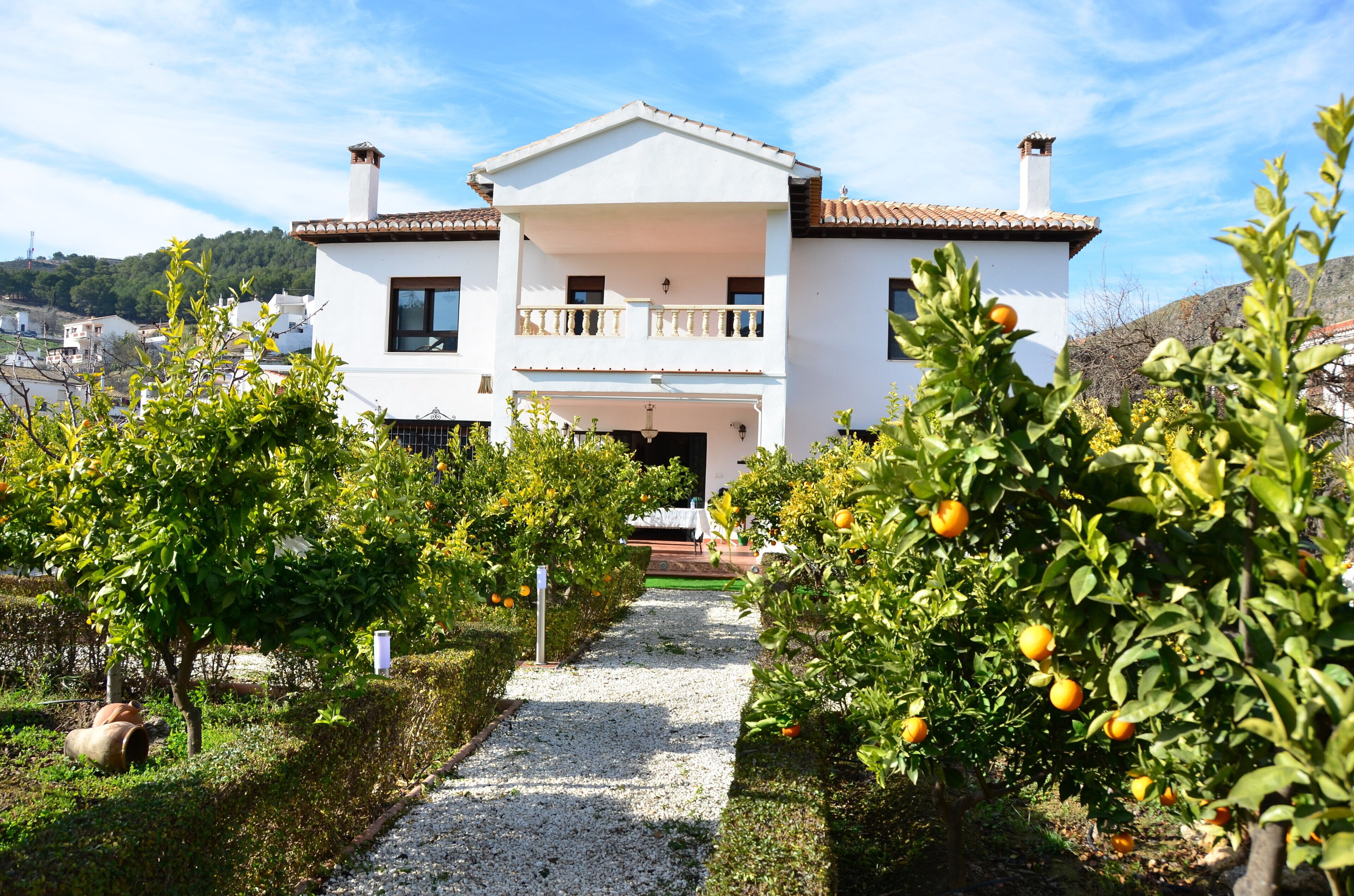 A two-story house with a balcony, surrounded by an orchard with orange trees.