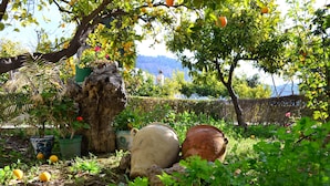 A garden with potted plants, a large tree, and a view of a body of water and mountains in the background. - Parador del Silo (Alhambra, beach, snow and Alpujarra) Air Conditioning and Wifi (Cónchar)