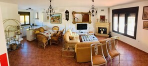 Smart TV, fireplace, table football