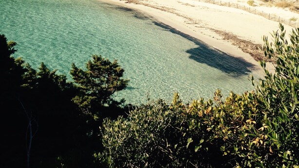 A coastal landscape with clear turquoise waters, sandy beach, and green hills. - Zen cabin in the bush (Bonifacio)