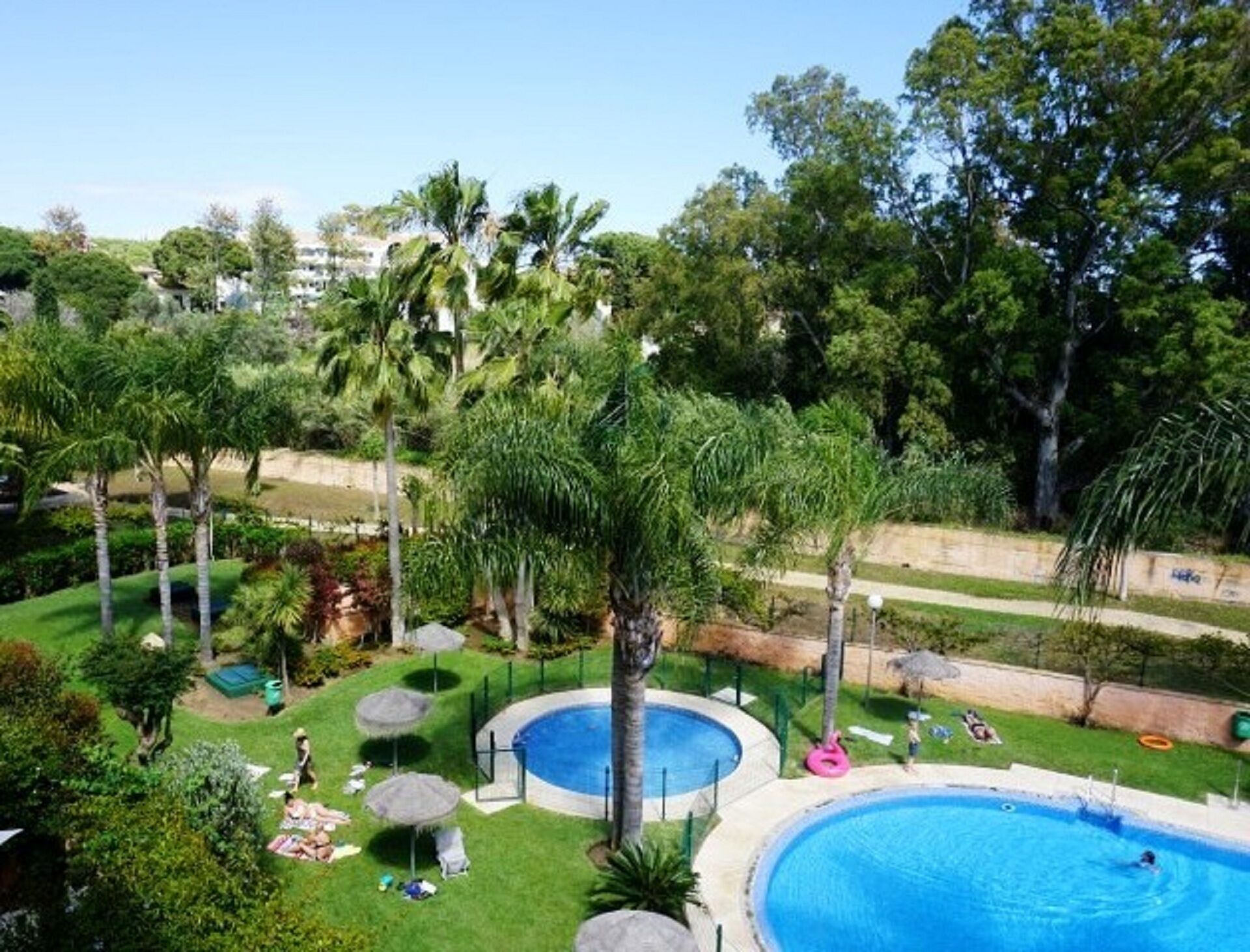Un espace piscine comprenant deux piscines rondes, entourées de palmiers et de pelouse.