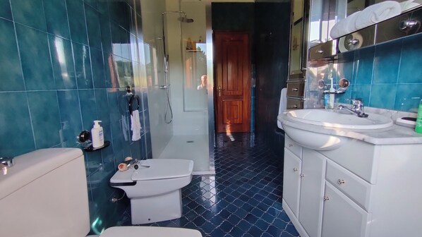 A bathroom with a toilet, bidet, and sink, tiled in blue and white, with a shower area and a wooden door in the background. - Villa with a pool and a children's play area in the Ribeira Sacra (Pantón)
