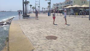 Une promenade dallée bordée de palmiers, un ciel dégagé et une vue sur la mer.