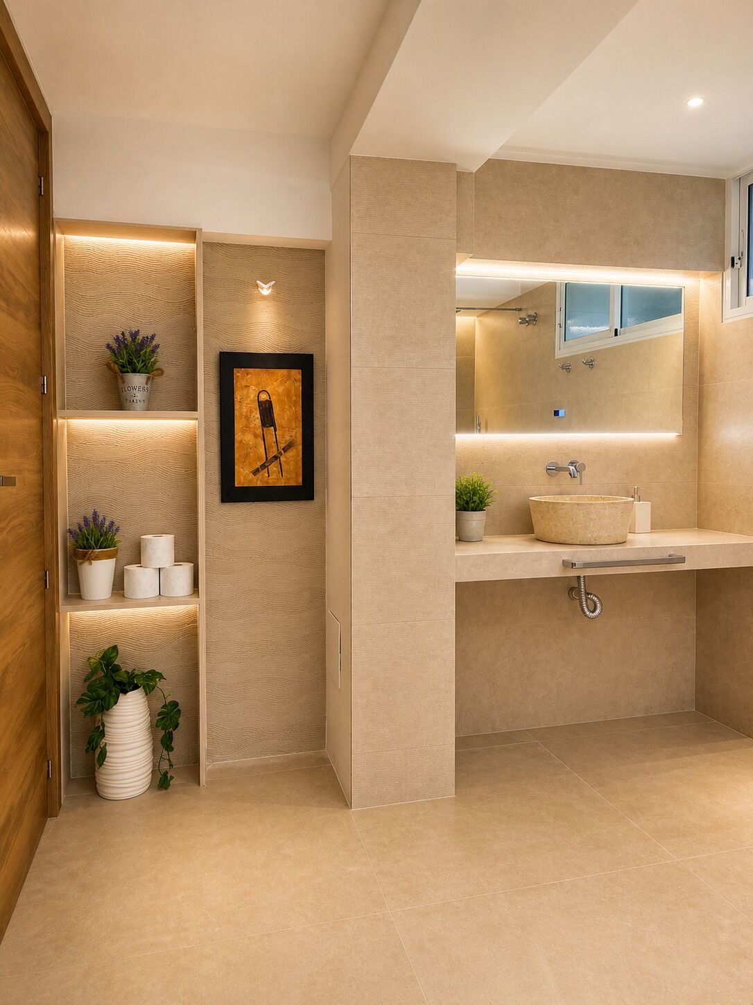 Une salle de bain moderne avec un meuble-lavabo en bois, une œuvre d’art encadrée et une plante en pot.