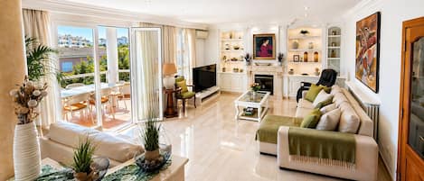 Smart TV, fireplace, DVD player, books