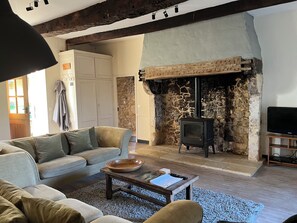 TV, fireplace, DVD player, table football