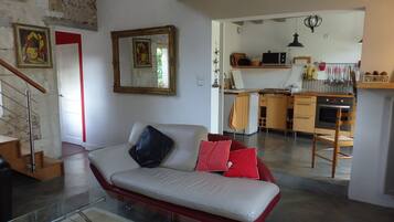 Télévision, cheminée, livres, chaßne hi-fi