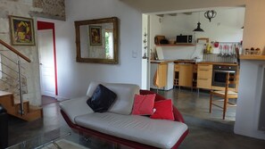 Télévision, cheminée, livres, chaîne hi-fi