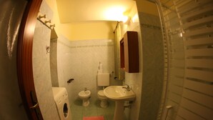 A bathroom with a washing machine, toilet, sink, and shower. - MAISON CASSIUS LO VERT (ISSOGNE  ITALIA)