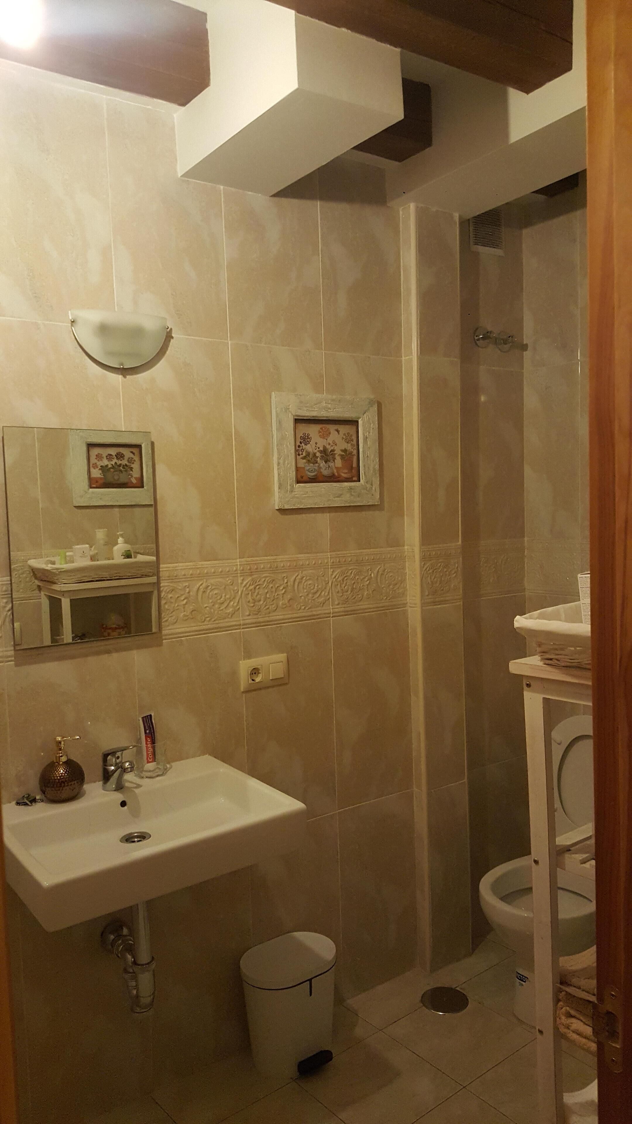 Secador de cabelo, toalhas de banho, sabonete, shampoo