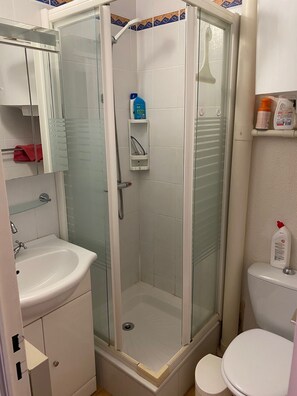Une salle de bain avec une douche à parois de verre, un lavabo et des toilettes.