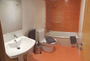 Baignoire, sèche-cheveux, serviettes fournies, savon
