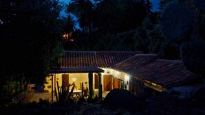 Ein traditionelles Haus mit Ziegeldach, umgeben von Kakteen und Palmen, im Dämmerlicht.