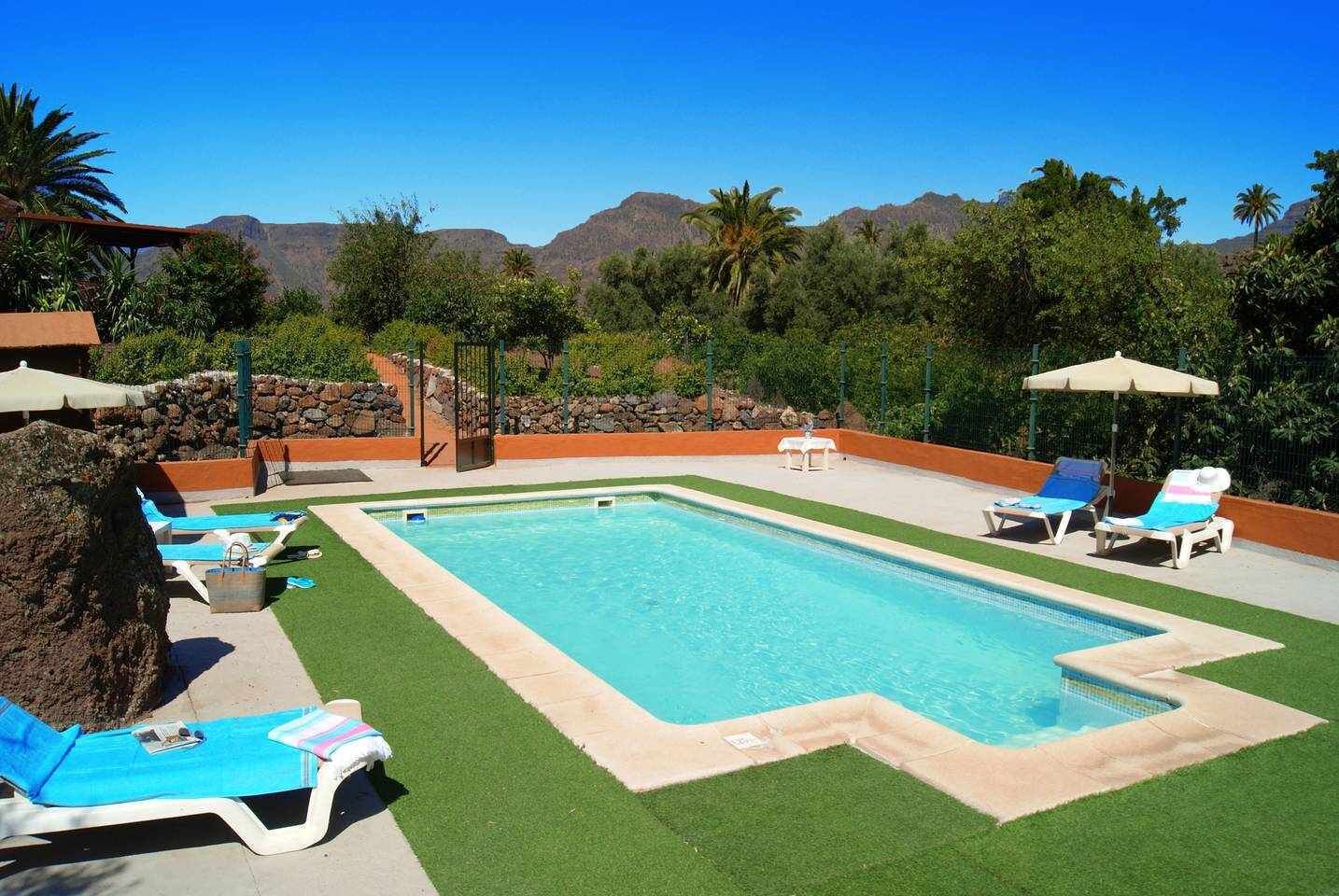 Une piscine rectangulaire entourée d’une pelouse verdoyante, de chaises longues et de parasols.