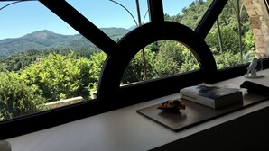 A room with a large window offering a view of a mountainous landscape. - L'Orangerie • Architect house -Private pool-Nature-Village view-Calm-Rivers.  (Joannas)